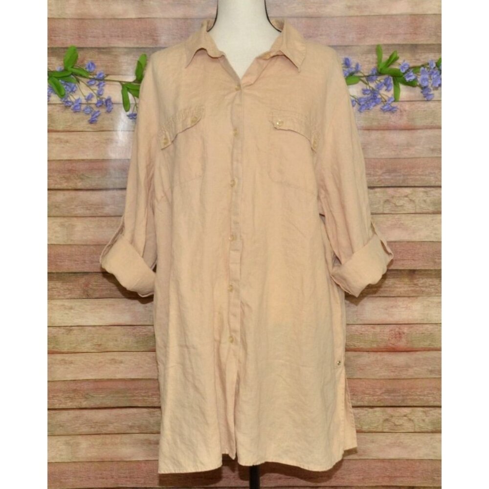Autograph Top Womens Plus 3X Linen Button Front Utility Pocket Roll Tab Sleeve